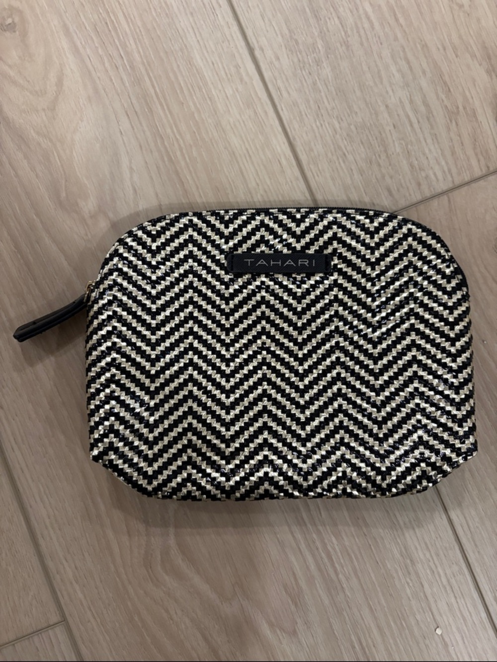 Tahari Black and gold Chevron Zip Pouch